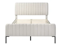 Cama de adulto forrada em tecido de linho - 180x200 cm - com cabeceira ajustável e base de ripas - Cinza claro