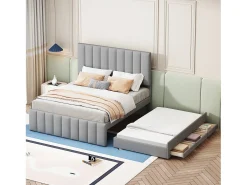 Cama de adulto 140x200 cm com cama de solteiro 90x190 cm com gavetas de armazenamento, em linho, sem colchão, cinza