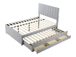 Cama de adulto 140x200 cm com cama de solteiro 90x190 cm com gavetas de armazenamento, em linho, sem colchão, cinza