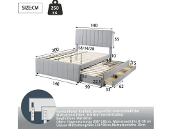 Cama de adulto 140x200 cm com cama de solteiro 90x190 cm com gavetas de armazenamento, em linho, sem colchão, cinza
