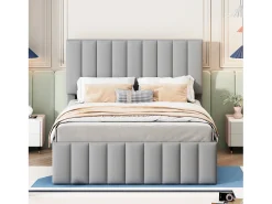 Cama de adulto 140x200 cm com cama de solteiro 90x190 cm com gavetas de armazenamento, em linho, sem colchão, cinza