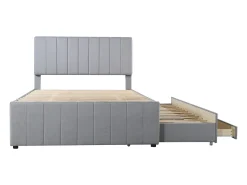 Cama de adulto 140x200 cm com cama de solteiro 90x190 cm com gavetas de armazenamento, em linho, sem colchão, cinza