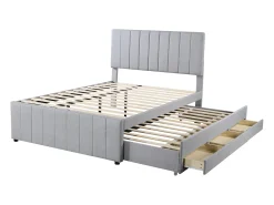 Cama de adulto 140x200 cm com cama de solteiro 90x190 cm com gavetas de armazenamento, em linho, sem colchão, cinza