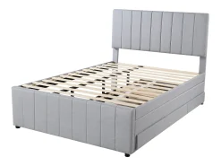 Cama de adulto 140x200 cm com cama de solteiro 90x190 cm com gavetas de armazenamento, em linho, sem colchão, cinza