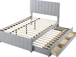 Cama de adulto 140x200 cm com cama de solteiro 90x190 cm com gavetas de armazenamento, em linho, sem colchão, cinza