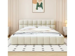 Cama de adulto 160x200cm, cama de casal em linho com costas macias, cama plana com estrutura almofadada, estrado de ripas, cabeceira, bege (Pré-venda)