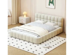 Cama de adulto 160x200cm, cama de casal em linho com costas macias, cama plana com estrutura almofadada, estrado de ripas, cabeceira, bege (Pré-venda)
