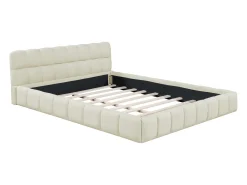 Cama de adulto 160x200cm, cama de casal em linho com costas macias, cama plana com estrutura almofadada, estrado de ripas, cabeceira, bege (Pré-venda)