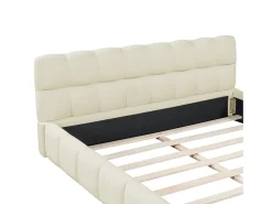 Cama de adulto 160x200cm, cama de casal em linho com costas macias, cama plana com estrutura almofadada, estrado de ripas, cabeceira, bege (Pré-venda)