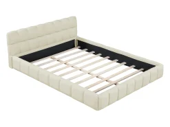 Cama de adulto 160x200cm, cama de casal em linho com costas macias, cama plana com estrutura almofadada, estrado de ripas, cabeceira, bege (Pré-venda)