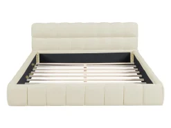 Cama de adulto 160x200cm, cama de casal em linho com costas macias, cama plana com estrutura almofadada, estrado de ripas, cabeceira, bege (Pré-venda)