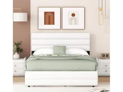 Cama de adulto 140x200cm em tecido de linho - com cama de gavetão 90x190cm e 2 gavetas - cabeceira ajustável - Branco