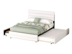 Cama de adulto 140x200cm em tecido de linho - com cama de gavetão 90x190cm e 2 gavetas - cabeceira ajustável - Branco