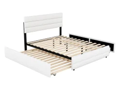 Cama de adulto 140x200cm em tecido de linho - com cama de gavetão 90x190cm e 2 gavetas - cabeceira ajustável - Branco