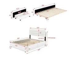 Cama de adulto 140x200cm em tecido de linho - com cama de gavetão 90x190cm e 2 gavetas - cabeceira ajustável - Branco