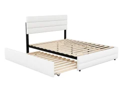 Cama de adulto 140x200cm em tecido de linho - com cama de gavetão 90x190cm e 2 gavetas - cabeceira ajustável - Branco
