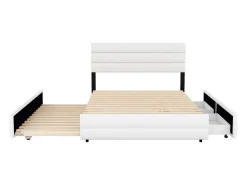 Cama de adulto 140x200cm em tecido de linho - com cama de gavetão 90x190cm e 2 gavetas - cabeceira ajustável - Branco
