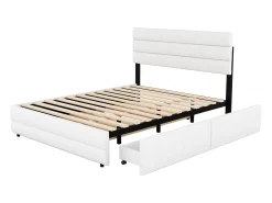 Cama de adulto 140x200cm em tecido de linho - com cama de gavetão 90x190cm e 2 gavetas - cabeceira ajustável - Branco