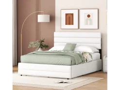 Cama de adulto 140x200cm em tecido de linho - com cama de gavetão 90x190cm e 2 gavetas - cabeceira ajustável - Branco