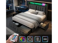 Cama de adulto 180x200cm em tecido de linho - com LED e portas de carregamento - 4 gavetas - Cinza