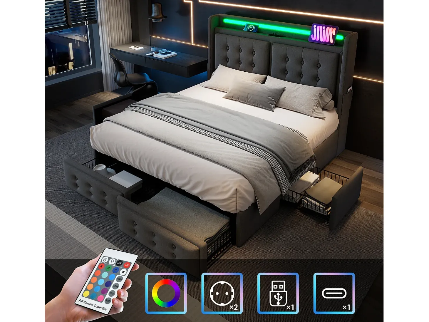 Cama de adulto 180x200cm em tecido de linho - com LED e portas de carregamento - 4 gavetas - Cinza