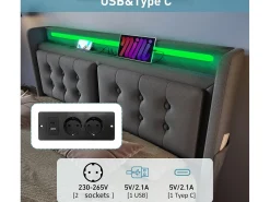 Cama de adulto 180x200cm em tecido de linho - com LED e portas de carregamento - 4 gavetas - Cinza