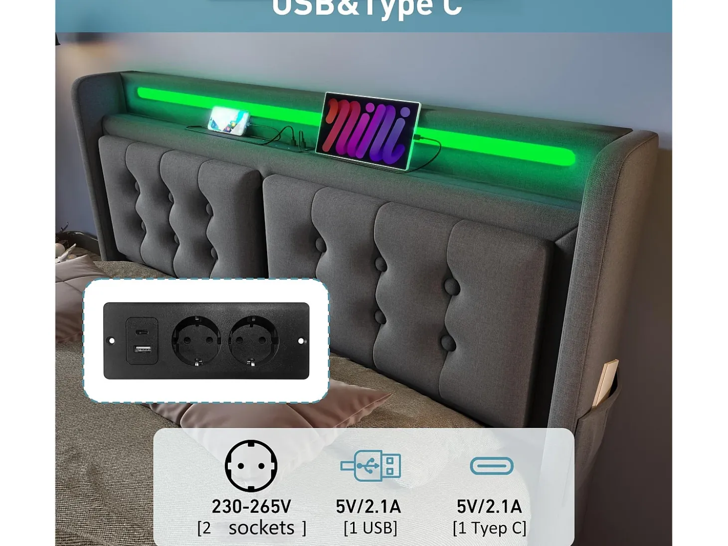 Cama de adulto 180x200cm em tecido de linho - com LED e portas de carregamento - 4 gavetas - Cinza