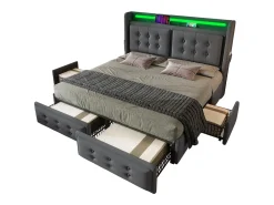 Cama de adulto 180x200cm em tecido de linho - com LED e portas de carregamento - 4 gavetas - Cinza