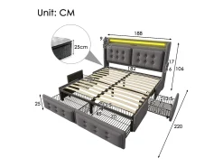 Cama de adulto 180x200cm em tecido de linho - com LED e portas de carregamento - 4 gavetas - Cinza