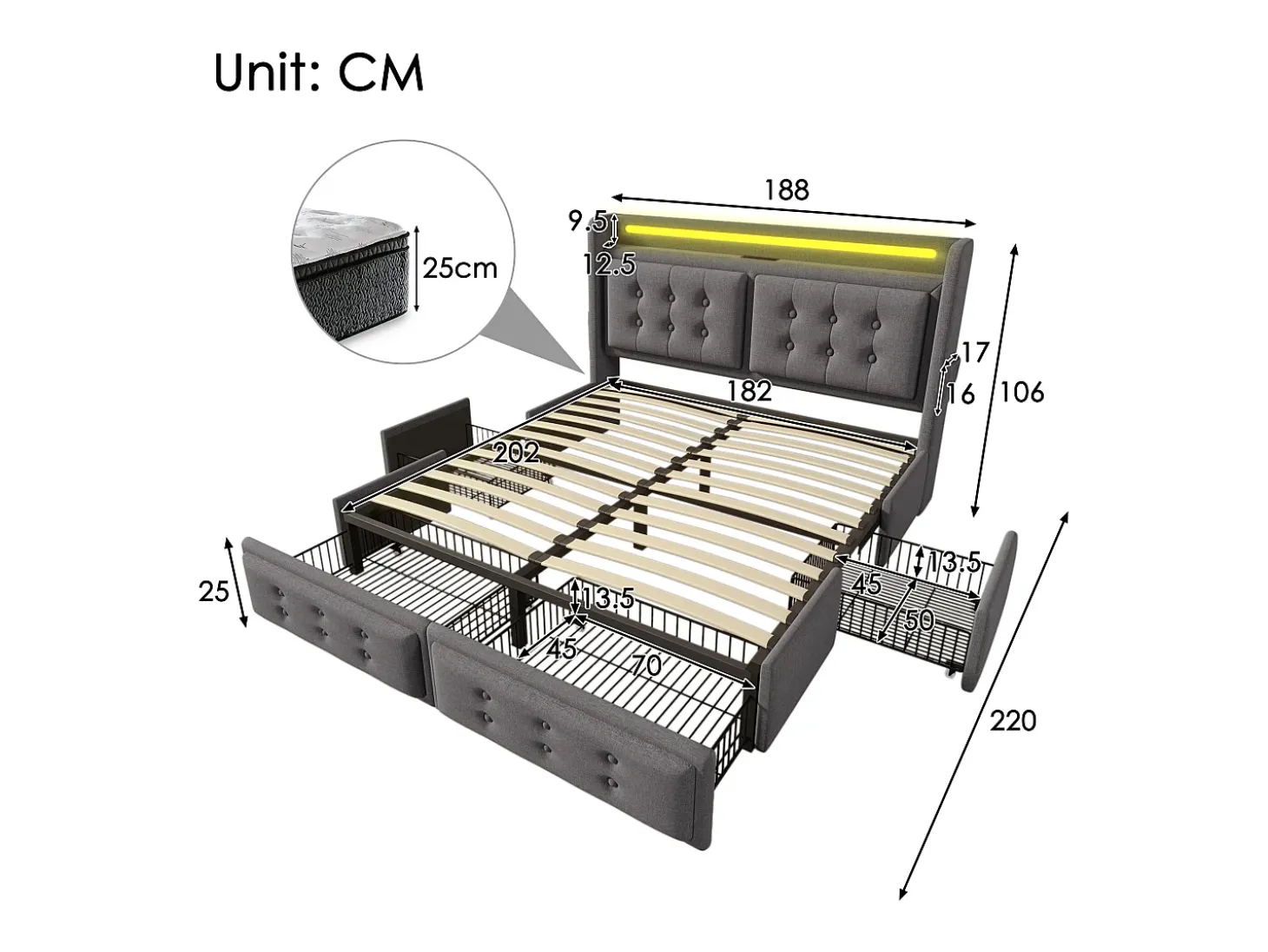 Cama de adulto 180x200cm em tecido de linho - com LED e portas de carregamento - 4 gavetas - Cinza