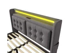 Cama de adulto 180x200cm em tecido de linho - com LED e portas de carregamento - 4 gavetas - Cinza