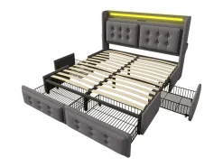 Cama de adulto 180x200cm em tecido de linho - com LED e portas de carregamento - 4 gavetas - Cinza