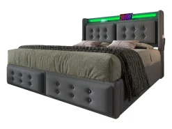 Cama de adulto 180x200cm em tecido de linho - com LED e portas de carregamento - 4 gavetas - Cinza