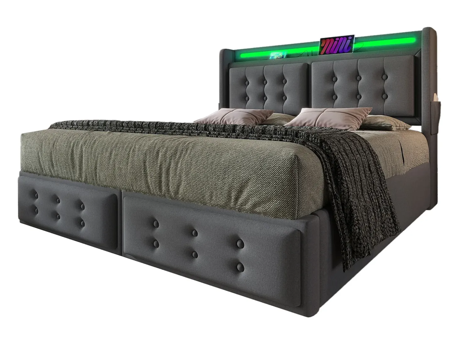 Cama de adulto 180x200cm em tecido de linho - com LED e portas de carregamento - 4 gavetas - Cinza