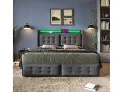 Cama de adulto 180x200cm em tecido de linho - com LED e portas de carregamento - 4 gavetas - Cinza