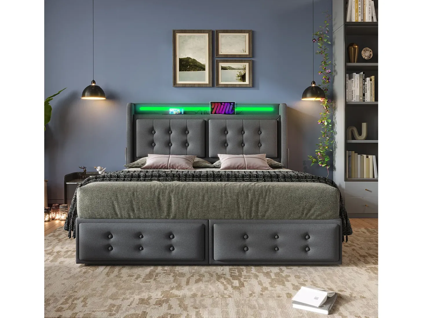 Cama de adulto 180x200cm em tecido de linho - com LED e portas de carregamento - 4 gavetas - Cinza