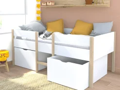 Cama de altura média 2 gavetas 90 x 190 cm branco e cor carvalho SISSY