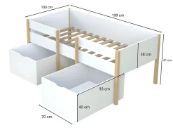 Cama de altura média 2 gavetas 90 x 190 cm branco e cor carvalho SISSY