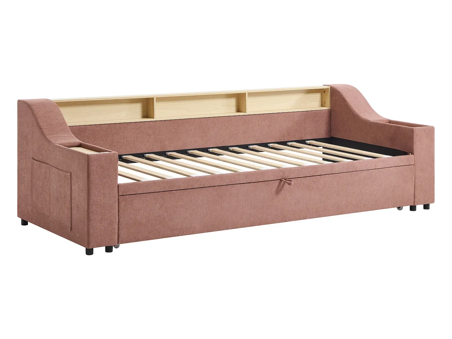 Cama de apoio 2 x 80 x 200 cm com arrumação e porta USB em tecido rosa - ORAVAYA