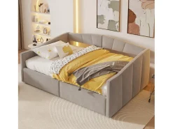 Cama de armazenamento para adultos, sofá-cama de veludo cinza claro 140x200 cm, base de ripas, sem colchão
