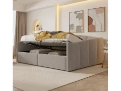 Cama de armazenamento para adultos, sofá-cama de veludo cinza claro 140x200 cm, base de ripas, sem colchão