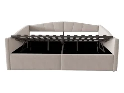 Cama de armazenamento para adultos, sofá-cama de veludo cinza claro 140x200 cm, base de ripas, sem colchão