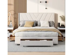 Cama de armazenamento 160x200 com 3 gavetas, cama estofada com base de ripas, cama de casal, bege