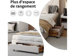 Cama de armazenamento 160x200 com 3 gavetas, cama estofada com base de ripas, cama de casal, bege