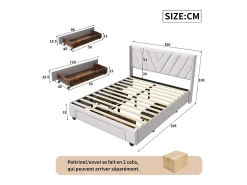 Cama de armazenamento 160x200 com 3 gavetas, cama estofada com base de ripas, cama de casal, bege