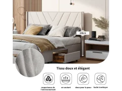 Cama de armazenamento 160x200 com 3 gavetas, cama estofada com base de ripas, cama de casal, bege