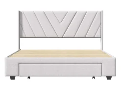 Cama de armazenamento 160x200 com 3 gavetas, cama estofada com base de ripas, cama de casal, bege