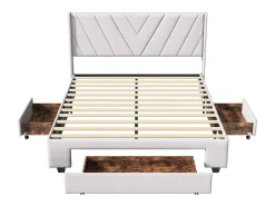 Cama de armazenamento 160x200 com 3 gavetas, cama estofada com base de ripas, cama de casal, bege