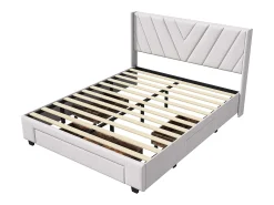 Cama de armazenamento 160x200 com 3 gavetas, cama estofada com base de ripas, cama de casal, bege