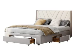 Cama de armazenamento 160x200 com 3 gavetas, cama estofada com base de ripas, cama de casal, bege